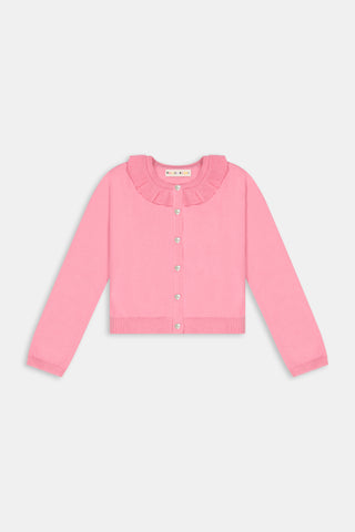 The Kids Ellis Cardigan by Roller Rabbit is a rose pink, long-sleeve cardigan featuring a ruffled collar and pearl-like buttons. Shown flat on a white background, it's made from soft cotton sweater material.