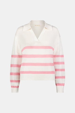 The Roller Rabbit Striped Rocio Sweater is a white long-sleeve cotton sweater with light pink horizontal stripes, featuring a wide collared V-neck and ribbed hem and cuffs. The sweater is shown against a plain white background.