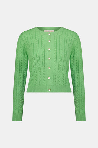 The Roller Rabbit Cable Stripe Moxie Cardigan is a bright forest green, long-sleeve cardigan featuring a cable-knit design. Crafted from soft cotton cashmere, it has a crew neckline and gold buttons down the front, shown against a plain white background.