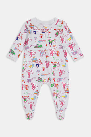 White baby onesie featuring a colorful print of pink monkeys alongside playful objects such as bananas, cars, and buildings. This long-sleeve onesie is designed with a convenient front zipper for easy dressing.