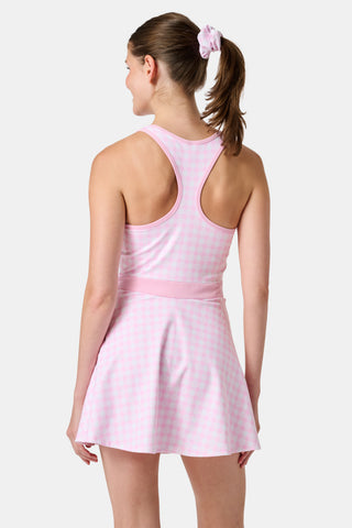 The Roller Rabbit Gingham Hearts Becky Active Dress is a sleeveless pink gingham dress featuring a fitted bodice, zipper front, and flared skirt, crafted from soft peached interlock fabric and shown on a plain white background.