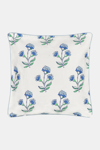 The Roller Rabbit Rosa Floral Decorative Pillow features a white cotton base with blue and light blue floral patterns, green leaves outlined in black, and a thin light blue border—perfect for adding a botanical accent to your decor.
