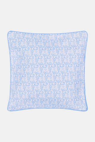 The Monkey Decorative Pillow by Roller Rabbit is a square cotton throw pillow with a light blue background, abstract swirling blue lines, and neatly finished edges in darker blue piping—an elegant addition to any space.