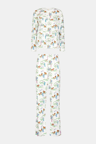 Meet the Saddle Up Pajamas by Roller Rabbit: a long-sleeved Pima cotton set on a white background, adorned with vibrant animal and tree motifs. The top features buttons at the neckline, while the elastic-waist pants offer comfy ease—ideal for horse girls who appreciate playful patterns and cozy comfort.