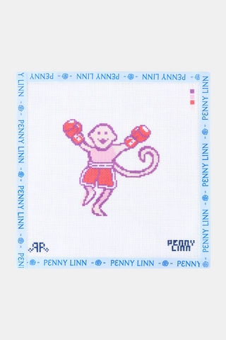 PHILLY BOXER MONKEY CANVAS by PENNY LINN features a pink monkey in red boxing gloves and shorts, blue PENNY LINN border, and BEARY LINN with AK in the lower corners.