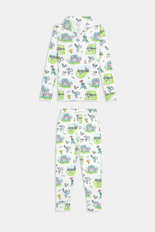 The Roller Rabbit Kids Game, Set, Monkey Parker Polo Pajamas feature a playful print of mice, tents, and trees on a white background. Made from soft pima cotton, this pajama set includes a long-sleeve button-up top and matching pants for children.