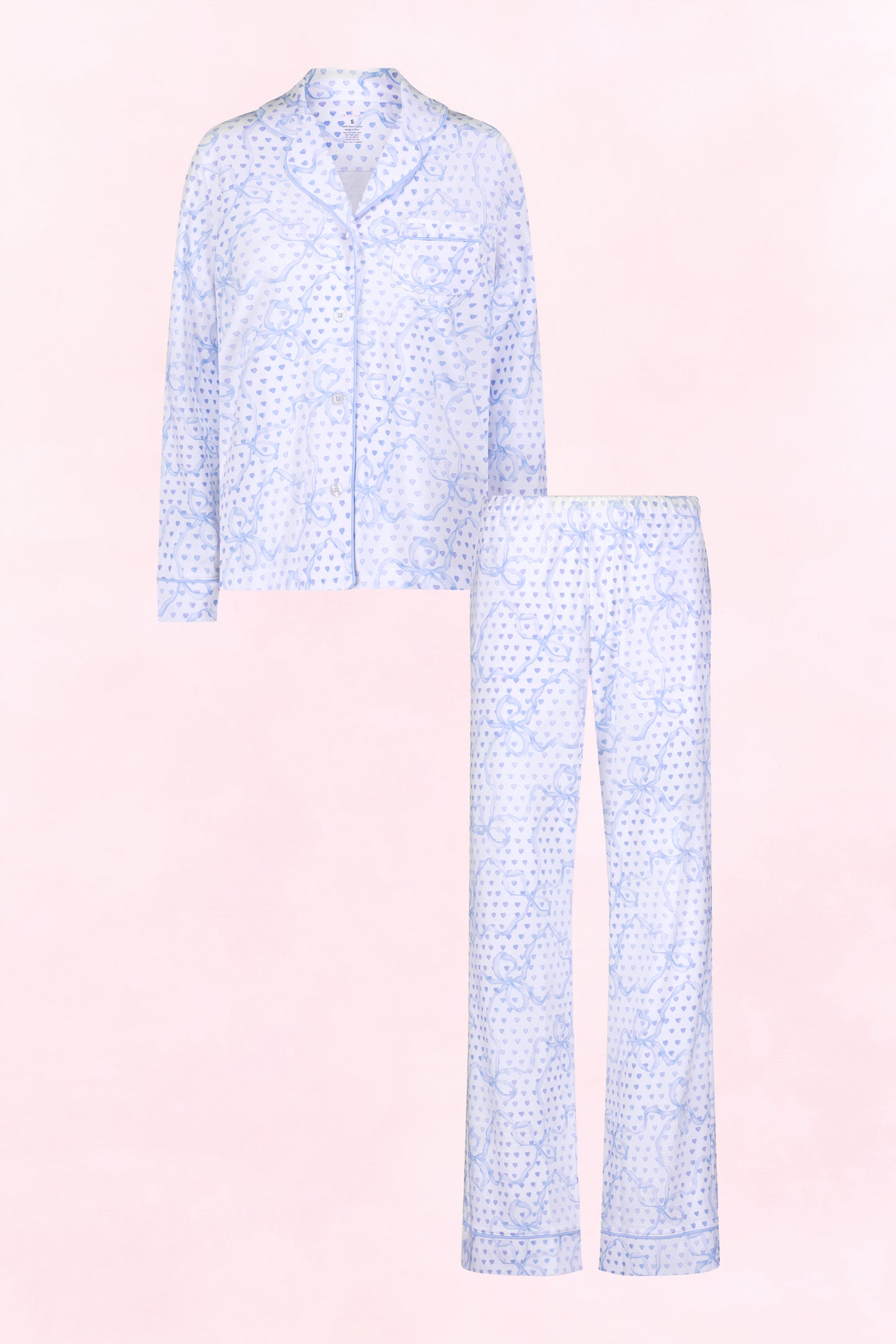 LoveShackFancy x Roller Rabbit Pale Blue Luna Bow Hearts Long Sleeve Polo Pajamas view 6