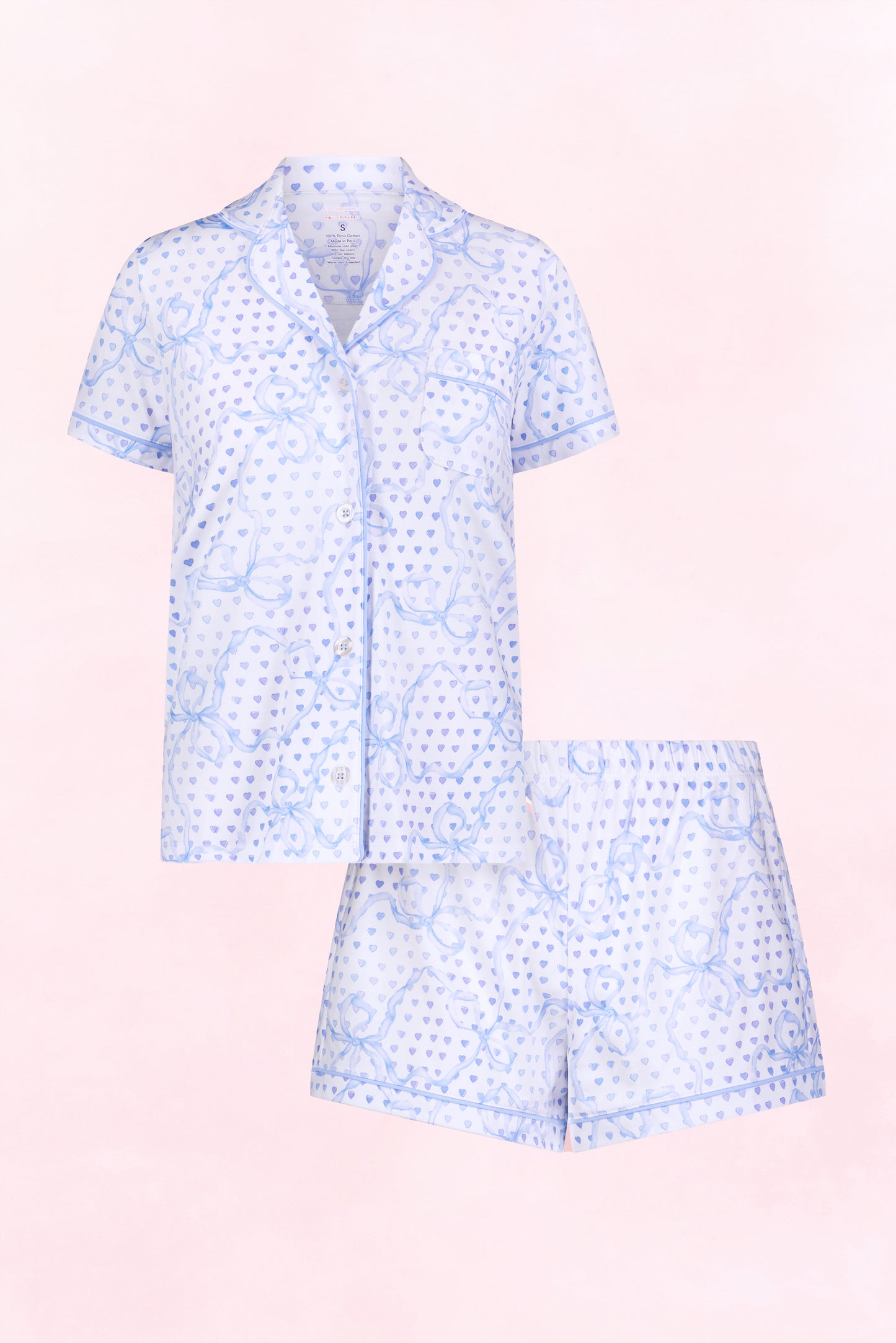 LoveShackFancy x Roller Rabbit Pale Blue Luna Bow Hearts Polo Pajamas view 5