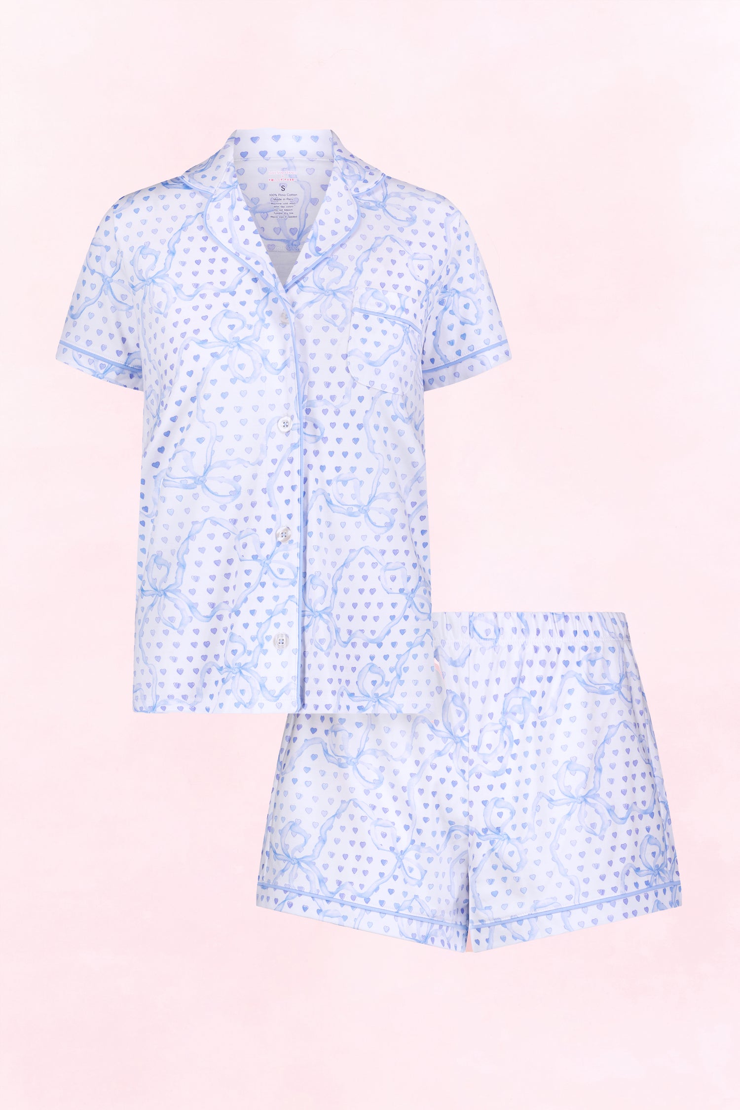 LoveShackFancy x Roller Rabbit Pale Blue Luna Bow Hearts Polo Pajamas