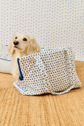 STREETSMART Hearts Dog Carrier tote bag covered in a blue heart pattern with long shoulder straps and a blue side zipper.