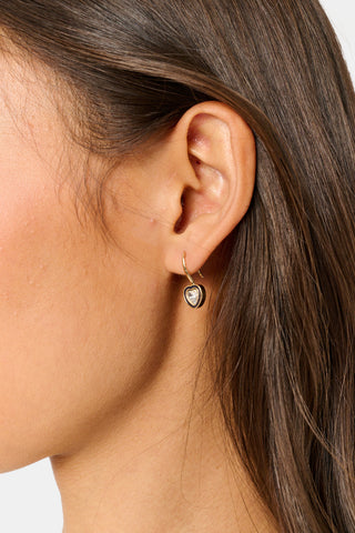 MADISON 501 Bezel Earring Set featuring two pairs of gold-tone drop earrings: one pair of bezel-set round earrings and one pair of heart-shaped earrings with clear stones.
