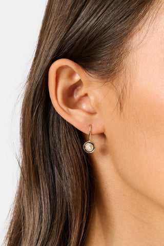 MADISON 501 Bezel Earring Set featuring two pairs of gold-tone drop earrings: one pair of bezel-set round earrings and one pair of heart-shaped earrings with clear stones.