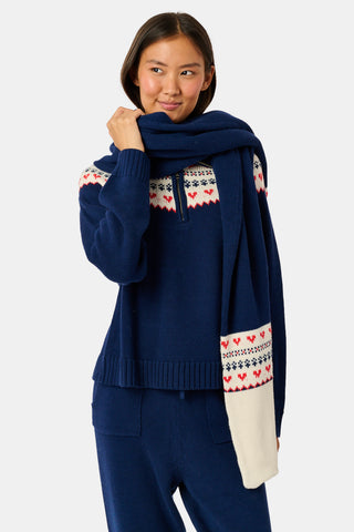 INKASIGN Fairisle Hearts Scarf in dark blue with a cream-colored border, crafted from cotton yarn and made in Peru.