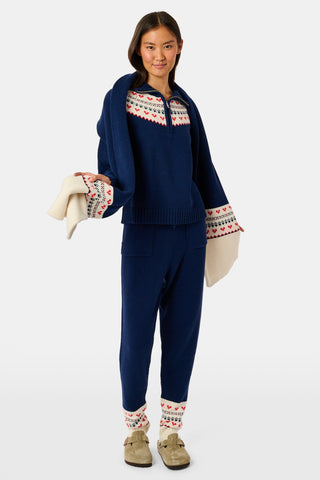 INKASIGN Fairisle Hearts Scarf in dark blue with a cream-colored border, crafted from cotton yarn and made in Peru.