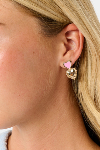 MADISON 501 Heart Drop Earrings consisting of two mismatched earrings, each featuring a textured gold-tone heart and a pink enamel heart.