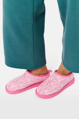 Pink LUHE Lovely Monkey Fuzzy Clogs featuring a heart pattern and a fuzzy interior lining.