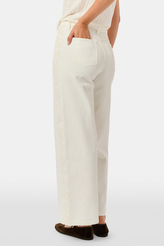 Wearing Roller Rabbit’s Elsa Eyelet Danielle Jean—a high-waisted, wide-leg style in ecru with delicate scalloped lace trim along the sides—paired with a white top and black Mary Jane shoes, the individual stands against a plain white background.