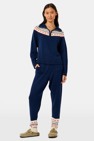 INKASIGN Fairisle Hearts Scarf in dark blue with a cream-colored border, crafted from cotton yarn and made in Peru.