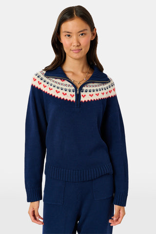 INKASIGN Fairisle Hearts Scarf in dark blue with a cream-colored border, crafted from cotton yarn and made in Peru.