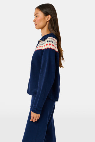 INKASIGN Fairisle Hearts Scarf in dark blue with a cream-colored border, crafted from cotton yarn and made in Peru.