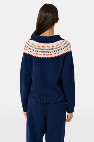 INKASIGN Fairisle Hearts Scarf in dark blue with a cream-colored border, crafted from cotton yarn and made in Peru.