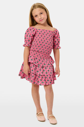 Kids Mia Floral Sami Skirt, a matching pink floral crop top and ruffled mini skirt with a smocked waistband.
