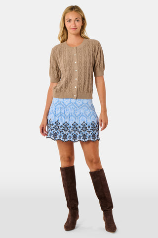 A person wearing a tan buttoned top, the Lakai Lucille Skirt by Roller Rabbit—a baby blue skirt with black lace trim—and knee-high dark brown suede boots stands against a white background.