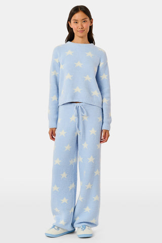 Stars Lettie Pant light blue plush loungewear pants featuring a white star print and a drawstring waistband.
