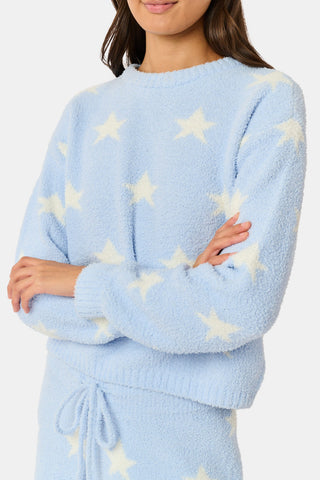 Stars Lettie Pant light blue plush loungewear pants featuring a white star print and a drawstring waistband.