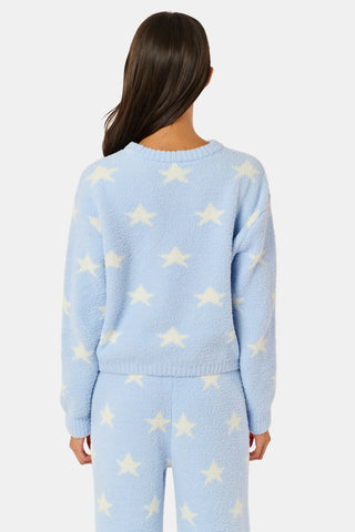 Stars Lettie Pant light blue plush loungewear pants featuring a white star print and a drawstring waistband.