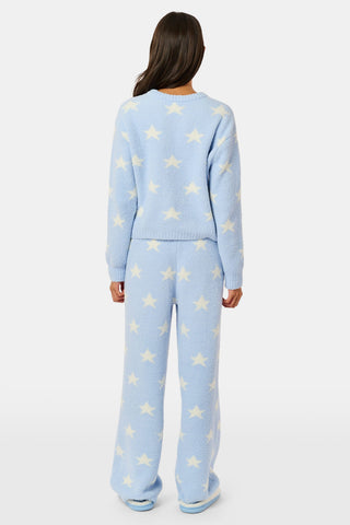 Stars Lettie Pant light blue plush loungewear pants featuring a white star print and a drawstring waistband.