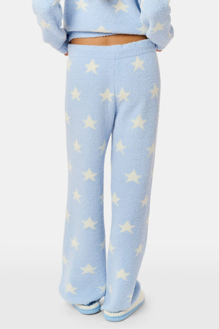 Stars Lettie Pant light blue plush loungewear pants featuring a white star print and a drawstring waistband.