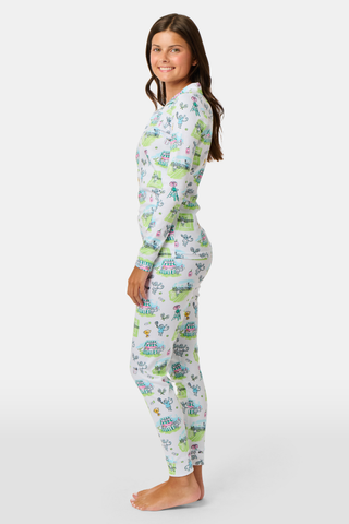 The Roller Rabbit Kids Game, Set, Monkey Parker Polo Pajamas feature a playful print of mice, tents, and trees on a white background. Made from soft pima cotton, this pajama set includes a long-sleeve button-up top and matching pants for children.