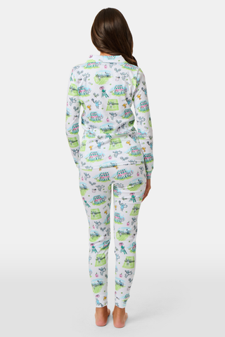 The Roller Rabbit Kids Game, Set, Monkey Parker Polo Pajamas feature a playful print of mice, tents, and trees on a white background. Made from soft pima cotton, this pajama set includes a long-sleeve button-up top and matching pants for children.