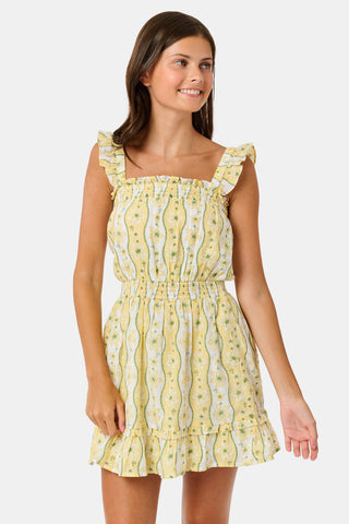 A girl wears the Roller Rabbit Kids Lillian Floral Stripe Tristan Dress, a cotton sundress with green and white stripes, floral patterns, ruffled straps, and a ruffled hem, standing with a smile and one arm relaxed at her side.