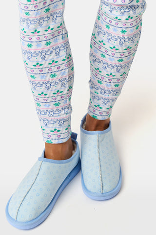 Light blue LUHE Hearts Fuzzy Clogs with a repeating heart pattern and a warm lining.