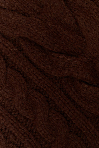 A person wearing a cozy, chocolate brown Naomi Sweater by REVOLUTION KNITS, featuring a cable-knit design and a high turtleneck.