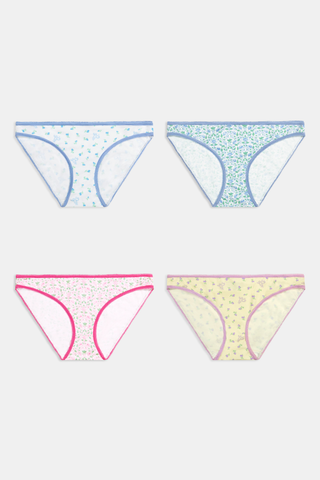 Four pairs from the Roller Rabbit Ditsy Florals Bikini 4 Pack are arranged in two rows on a plain white background. Available in blue, green, pink, and yellow, each bikini features a comfortable cotton-modal design.