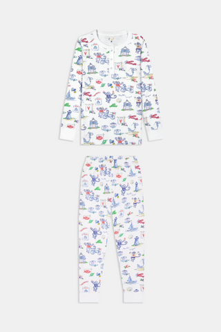 Crafted from soft Pima cotton, the Roller Rabbit Monkey On The Vineyard Long Sleeve Polo Pajamas feature a button-up long-sleeve top and long pants adorned with the playful Monkey on the Vineyard print, showcasing various animals, objects, and buildings on a plain white background.