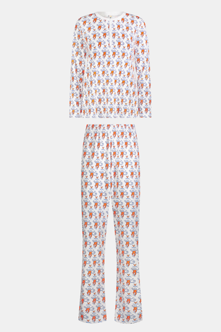 A woman stands barefoot wearing the SERFLEX UVA Lovely Monkey Pajamas—a matching long-sleeved top and pants set crafted from soft Pima cotton, featuring a playful red and white cartoon monkey print on a plain white background. These cozy UVA PJs are perfect dorm essentials for relaxing in comfort.