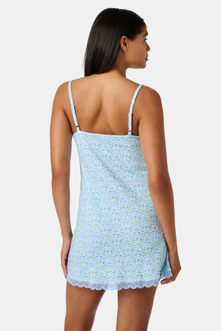 The Roller Rabbit Garden Gate Floral Daniela Slip Dress features a sleeveless, knee-length silhouette with thin straps, a blue and green floral Garden Gate print, and blue lace trim at the hem, shown against a plain white background.
