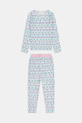 A child wears the SERFLEX Kids Snowday Stripe Iggy Play Set, featuring long sleeves and matching pants with a colorful horizontal stripe pattern of reindeer, snowflakes, and hearts.