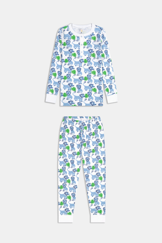Kids Leo The Lion Pajamas: two-piece set for kids in soft Pima cotton, with long sleeves and pants featuring an all-over Leo the Lion print on white, plus solid white cuffs and neckline.