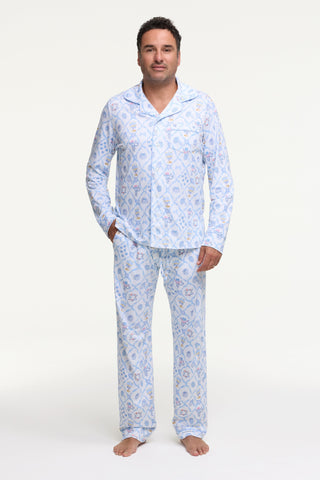 Roller Rabbit Blue Mens Starry Nights Lattice Long Sleeve Polo Pajamas
