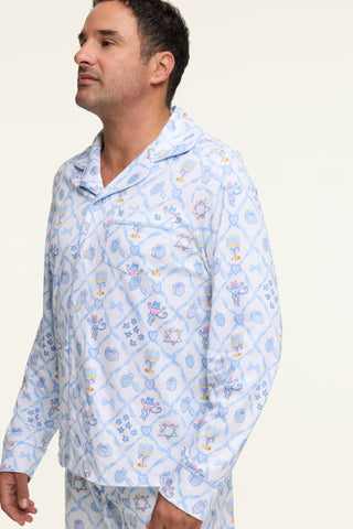 Roller Rabbit Blue Mens Starry Nights Lattice Long Sleeve Polo Pajamas