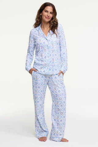 Roller Rabbit Blue Starry Nights Lattice Long Sleeve Polo Pajamas