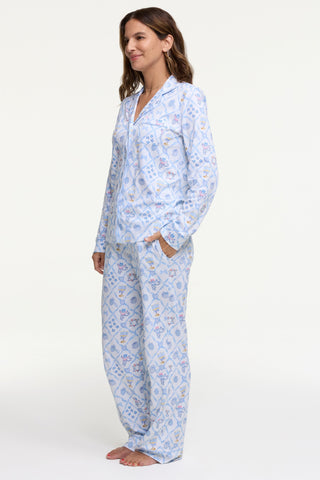 Roller Rabbit Blue Starry Nights Lattice Long Sleeve Polo Pajamas