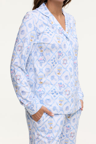 Roller Rabbit Blue Starry Nights Lattice Long Sleeve Polo Pajamas
