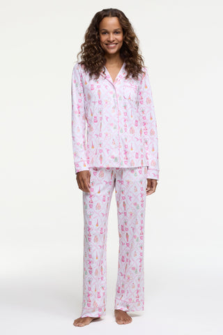 Roller Rabbit Pink Sugarplum Lattice Long Sleeve Polo Pajamas