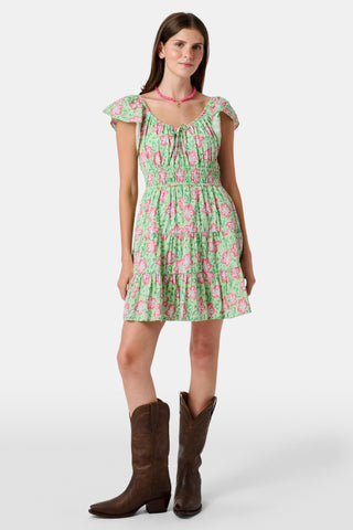 The Kids Verdant Floral Ryan Dress by Roller Rabbit is a green dress for little ones, showcasing pink and white hibiscus flowers in a floral block print. It features ruffled sleeves, a matching diaper cover, and is crafted from soft cotton for comfortable pullover wear.